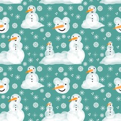 Winter seamless watercolor snowman and snowflakes pattern for Christmas wrapping paper and kids notebooks