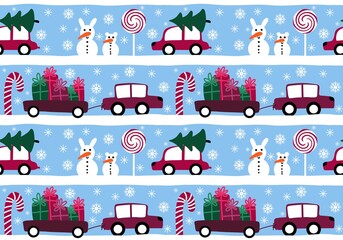 Cartoon Noel seamless snowman and snowflakes and gifts and Christmas tree pattern for wrapping paper and kids
