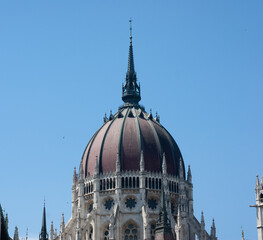 The red roof dome of the Parliament House in Budapest, Hungary, is only a small part of the massive government buildings with awesome spires, arches, towers, and railings.