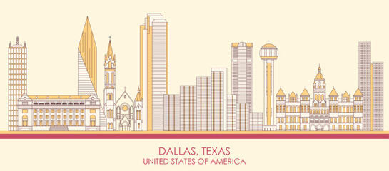 Cartoon Skyline panorama of city of Dallas, Texas, United States - vector illustration