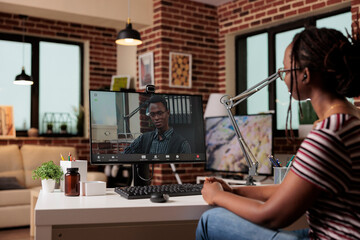 Fototapeta na wymiar Freelancer talking with client on videoconference, woman working from home. Employee attending virtual meeting, remote worker chatting on teleconference using computer, online videocall