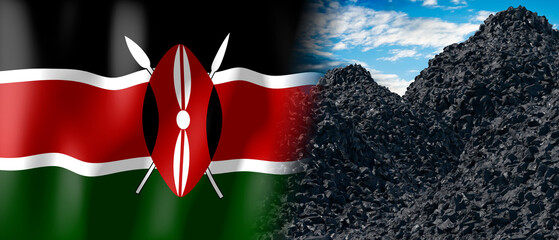 Kenya - country flag and pile of coal - 3D illustration