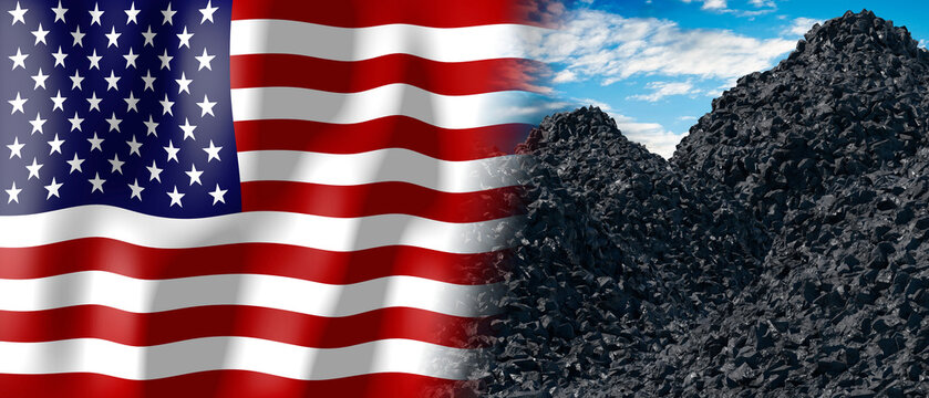 USA - country flag and pile of coal - 3D illustration