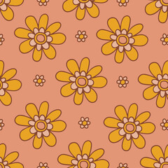 Retro floral groovy vector seamless pattern surface design, textile, stationery, wrapping paper, covers. 60s, 70s, 80s style. Abstract squares with vintage backgrounds