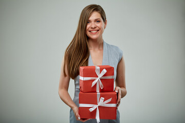 Happy woman with gifts. Isolated portrait of business woman with present.