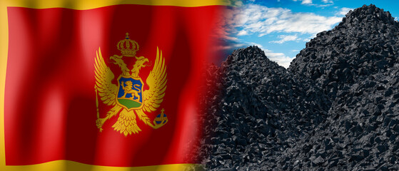 Montenegro - country flag and pile of coal - 3D illustration
