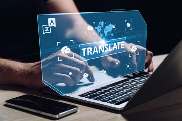 The concept of software for translation between different languages. The person works at the...