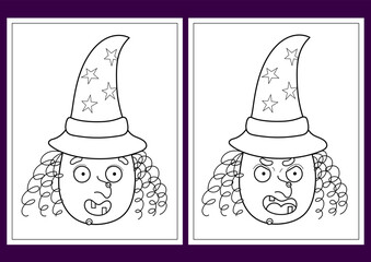 Halloween coloring pages set with a cute witch - happy and angry. Spooky print in cartoon style for coloring book. Vector illustration