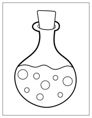 Bottle with potion coloring page. Black and white print for coloring book. Vector illustration