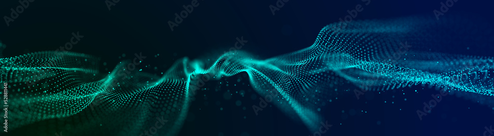Poster abstract digital data background. wave with moving dots. musical stream of sounds. 3d rendering.