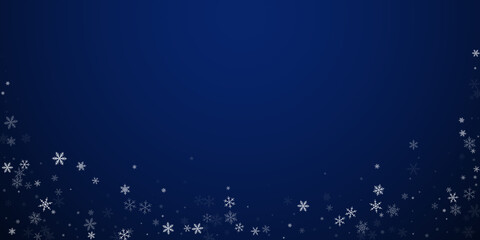 Christmas falling snow background. Subtle flying snow flakes and stars. Festive winter silver snowflake overlay template. Vector illustration