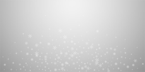 Christmas falling snow background. Subtle flying snow flakes and stars. Festive winter silver snowflake overlay template. Vector illustration