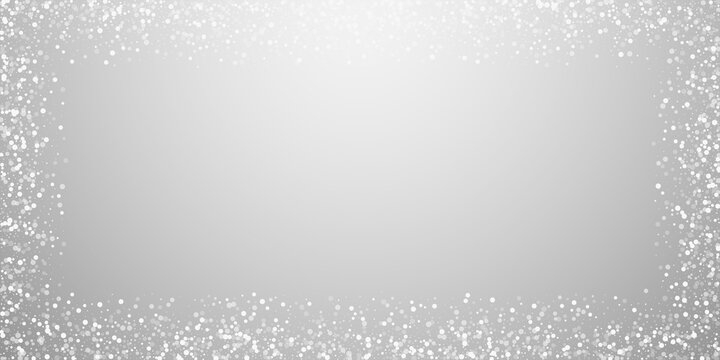 Christmas falling snow background. Subtle flying snow flakes and stars. Festive winter silver snowflake overlay template. Vector illustration