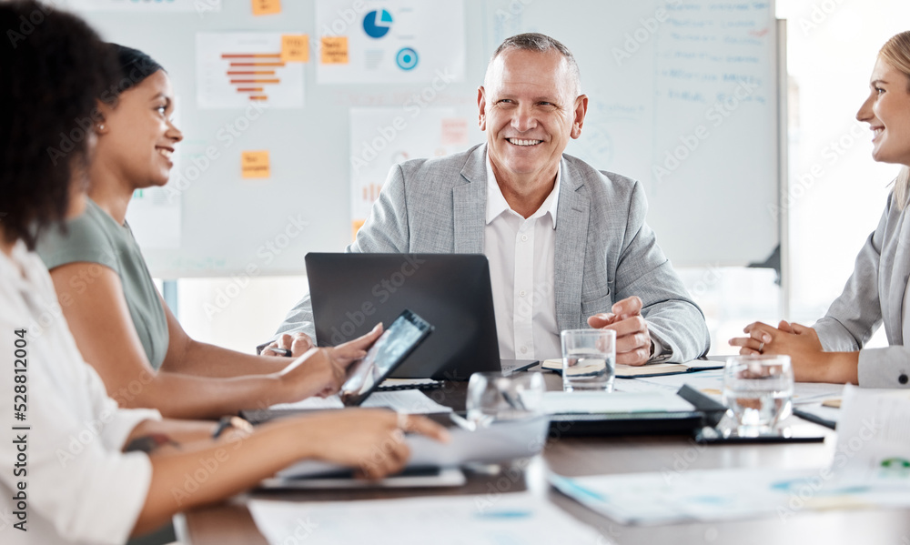 Wall mural Finance business people planning in meeting, talking about corporate accounting partnership and smile for financial success at company. Manager, boss and leader in workshop with team at agency