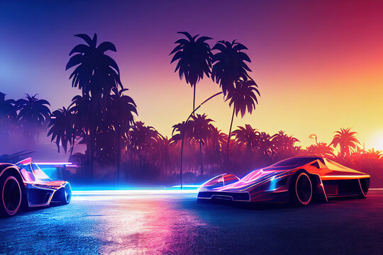 Retro futuristic sports car on the neon background of a retro wave landscape, illustration in the style of the 80s.
