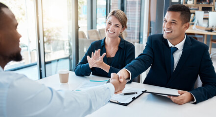 Business meeting, merger and agreement at corporate desk with positive and successful result....