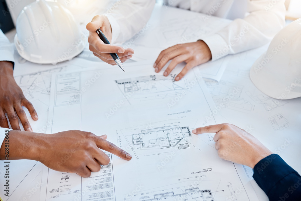 Poster architecture, blueprint and engineering team pointing, planning and discussing construction developm