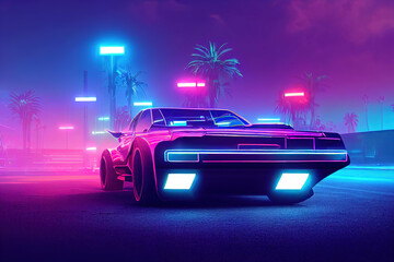 Futuristic retro wave synth wave car among palm trees in the style of the 80s