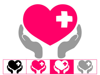 Charity logo, hands supporting heart icon flat design vector illustration
