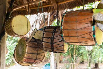 Drums which are used by the Quechua indigenous of Wayuri community to perform ceremonies and display their ancestral traditions to tourists. Pastaza Province, Ecuador