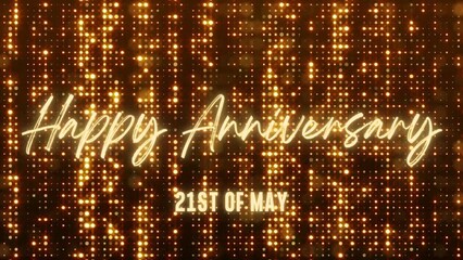 4K Animated Happy Anniversary 21st of May. Happy Anniversary Text Animation with Black and Gold Indoor Floodlights Background. Suitable for Anniversary event, party and celebration.