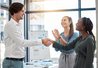 Diversity B2B collaboration and business people handshake for promotion, congratulation on company...
