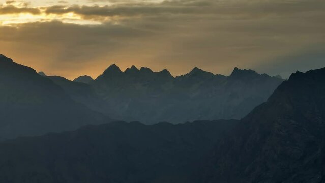 Drone pans trough beautiful Himalaya mountains during sunrise, Skardu, Pakistan. AERIAL 4 K