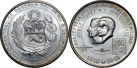 Peru, 200 Soles de oro 1974, Aviation Heroes - Chavez and Guinones, silver, UNC