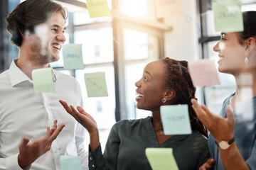 Teamwork, diversity and brainstorming with sticky notes in workshop or presentation. Coaching,...