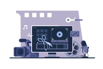 Obraz premium Vector illustration of video editing. Workplace of a video editor - computer with software, camera, reel. Production of multimedia content. Film montage process.