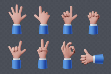 Collection of hands in different gestures. Finger gestures icon set in 3d style. Element for your design. Vector illustration.
