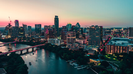 Fototapeta premium Austin Texas Night Life Drone Aerial Ladybird Lake