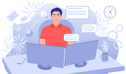 Freelancer working in office or from home online. The man holds an online conference. Vector illustration of time management and deadline.