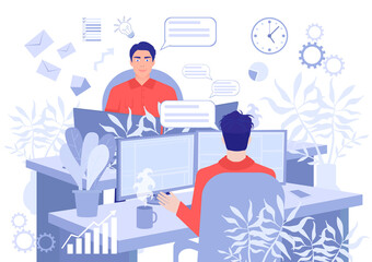 Two man work in office. Concept of teamwork, modern workspace, creative staff. Vector cartoon people illustration of team job.