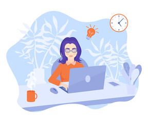 The woman working on computer, team leading. Freelancer works in office or from home online. Modern technologies and digital world, work on Internet. Vector illustration in flat cartoon style.