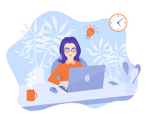 The woman working on computer, team leading. Freelancer works in office or from home online. Modern technologies and digital world, work on Internet. Vector illustration in flat cartoon style.