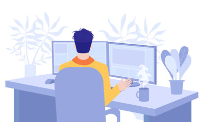 Freelancer works in office or from home online. The man working on computer, team leading. Modern technologies and digital world, work on Internet. Vector illustration in flat cartoon style.