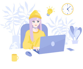 Freelancer works in office or from home online. The woman working on computer, team leading. Modern technologies and digital world, work on Internet. Vector illustration in flat cartoon style.