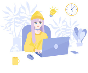 Freelancer works in office or from home online. The woman working on computer, team leading. Modern technologies and digital world, work on Internet. Vector illustration in flat cartoon style.