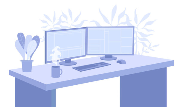 Empty office workplace chair, desk with desktop computer. Office work place with coffee cup, equipment, two monitors, keyboard, mouse. Business workspace, job occupation flat vector illustration