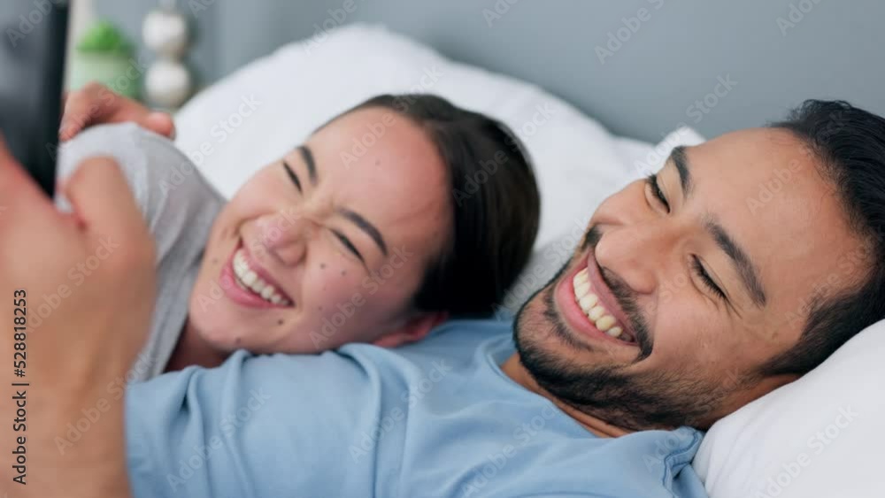Poster couple reading social media notification on phone, talking with internet on smartphone in bed and do