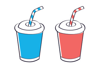 Blue and red cola or soda soft drink paper cup with straw isolated vector illustration