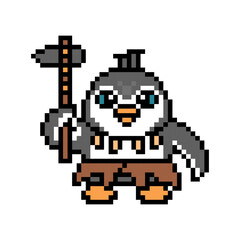 Fototapeta premium Penguin Neanderthal in a loincloth and tooth necklace with a stone axe, pixel art animal character isolated on white background. Old school retro 80s, 90s 8 bit slot machine, video game graphics.