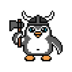 Naklejka premium Penguin viking in horned helmet holding an axe, pixel art animal character isolated on white background. Old school retro 80s, 90s 8 bit slot machine, computer, video game graphics. Cartoon mascot.