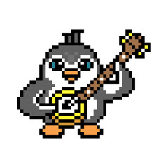 Fototapeta premium Penguin playing banjo, pixel art animal character isolated on white background. Old school retro 80s, 90s 8 bit slot machine, computer, video game graphics. Cartoon folk, country music artist mascot.