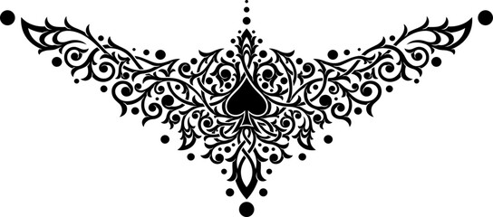 Victorian Gothic ornamental pattern with spades. Tattoo under breast, necklace, bracelet, on the back. Intricate design and decor. Highly detailed and accurate lines for print or engraving