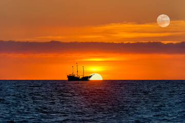 Pirate Ship Sunset Moon Silhouette Surreal Fantasy