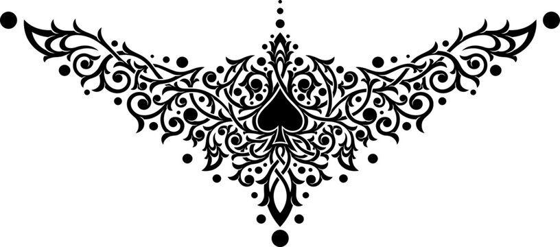 Victorian Gothic ornamental pattern with spades. Tattoo under breast, necklace, bracelet, on the back. Intricate design and decor. Highly detailed and accurate lines for print or engraving