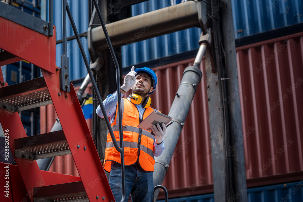 Poster Cargo container worker checking and control loading Containers box in warehouse