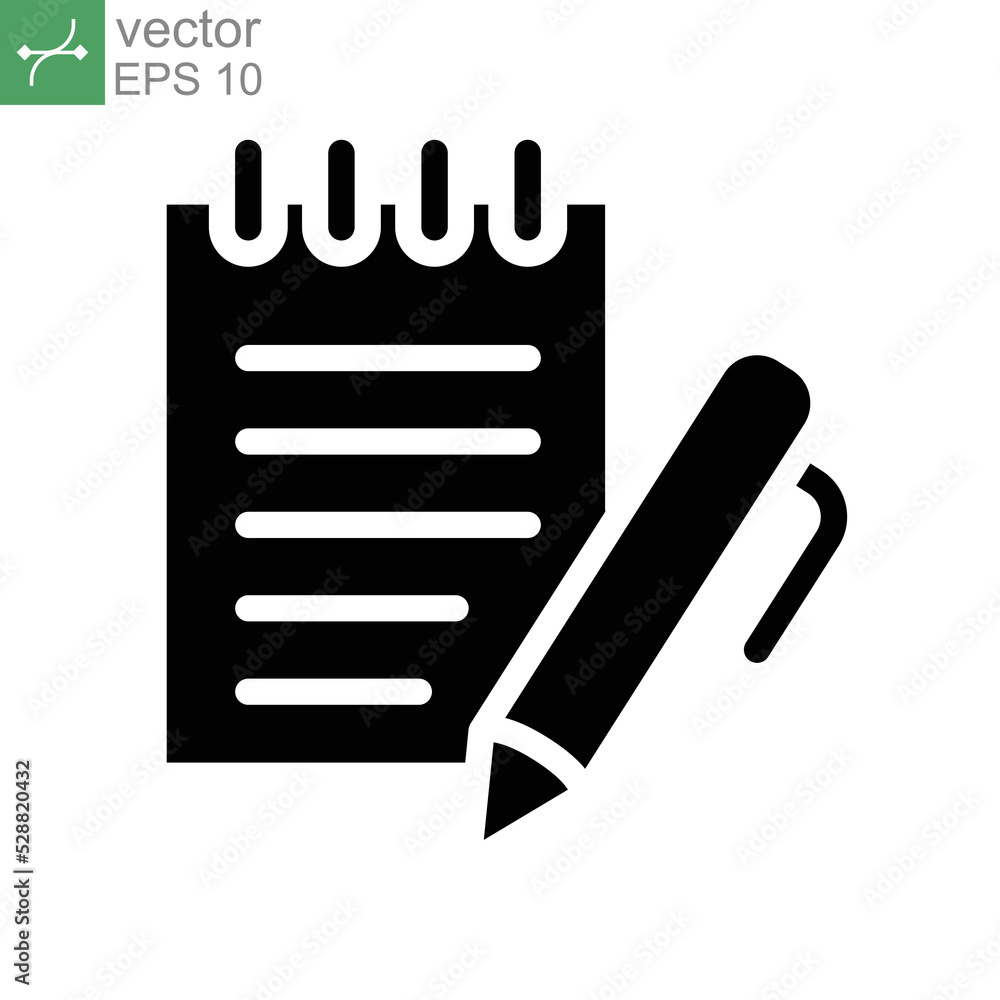 Poster notebook with pen icon, write text paper. notepad symbol. office and school. business and education 
